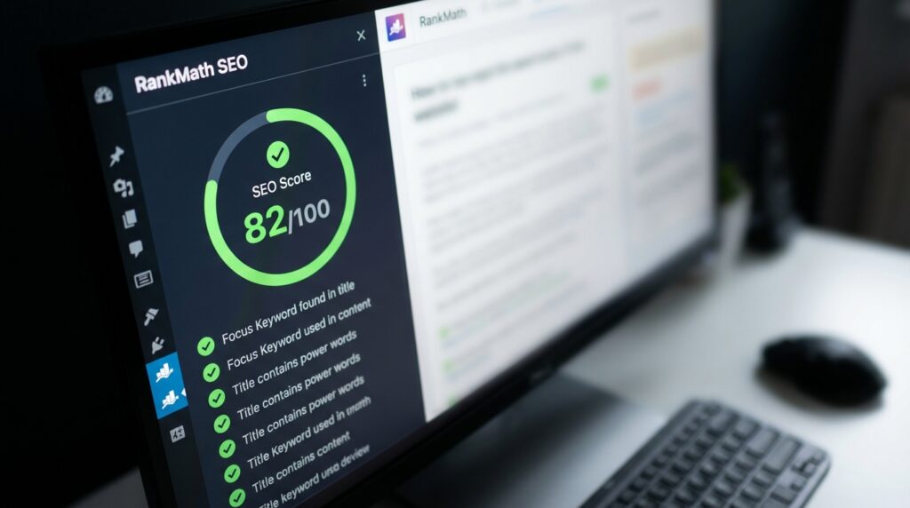 워드프레스 RankMath SEO 점수 80점 이상 화면