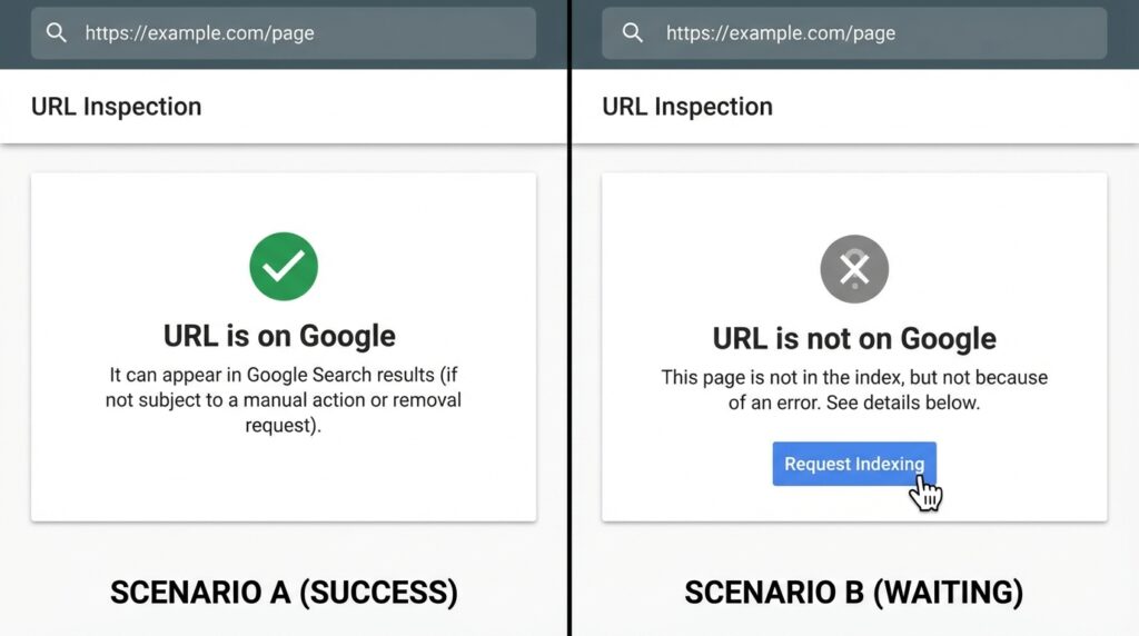 구글 서치콘솔 URL 검사 결과 화면 (등록됨 vs 등록 안 됨)