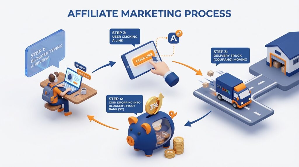 쿠팡 파트너스 제휴 마케팅 수익 구조 및 링크 클릭 프로세스 일러스트