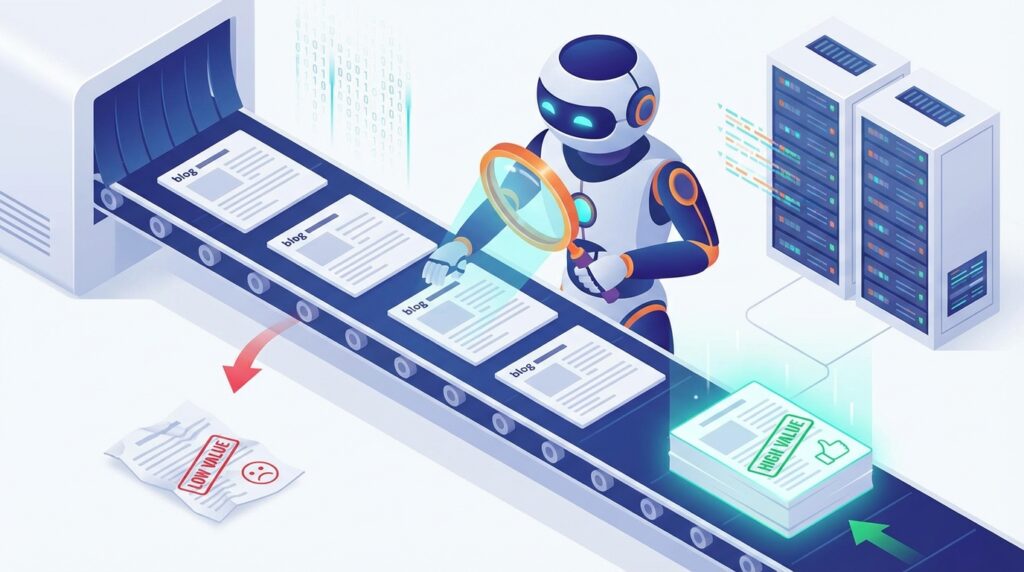 구글 애드센스 가치 없는 콘텐츠 판별 로봇과 승인 기준 일러스트