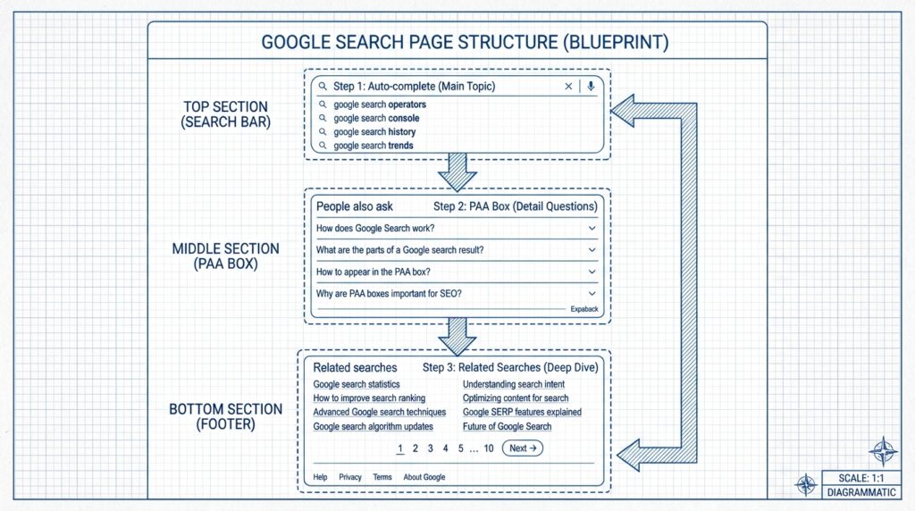 구글 검색결과 페이지 3단 채굴법 자동완성 PAA 관련검색어 구조도
