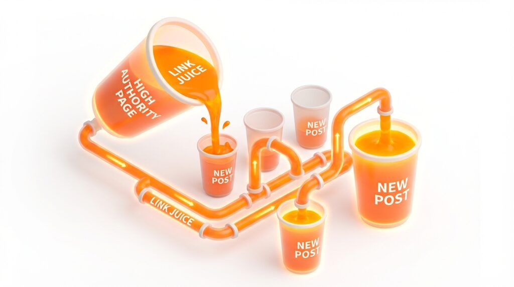 SEO 링크 주스 흐름과 상위 노출 낙수 효과 일러스트