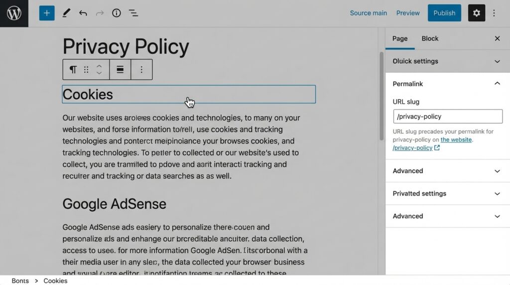워드프레스 개인정보처리방침 페이지 생성 및 URL 설정 화면
