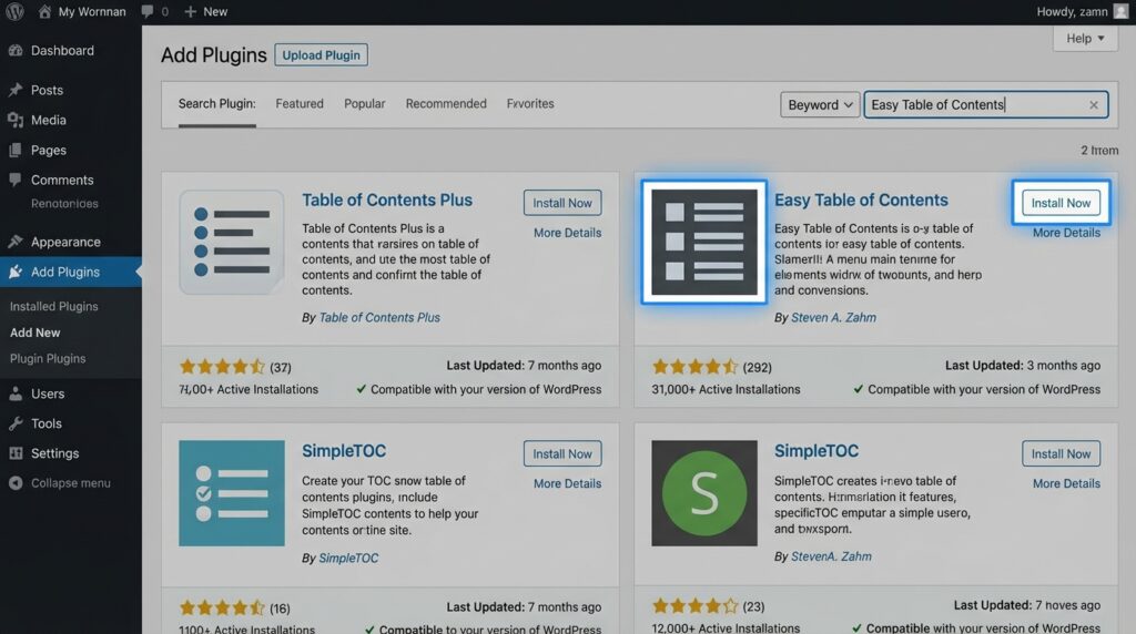 워드프레스 목차 플러그인 Easy Table of Contents 설치 화면